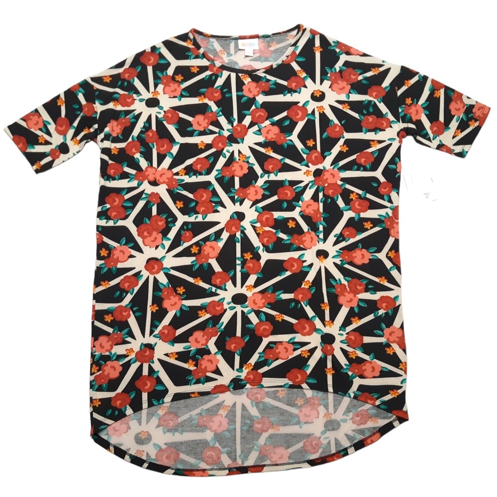 LuLaRoe Irma Tunic Top Womens‎ Small Black Floral Geometric Print Stretch